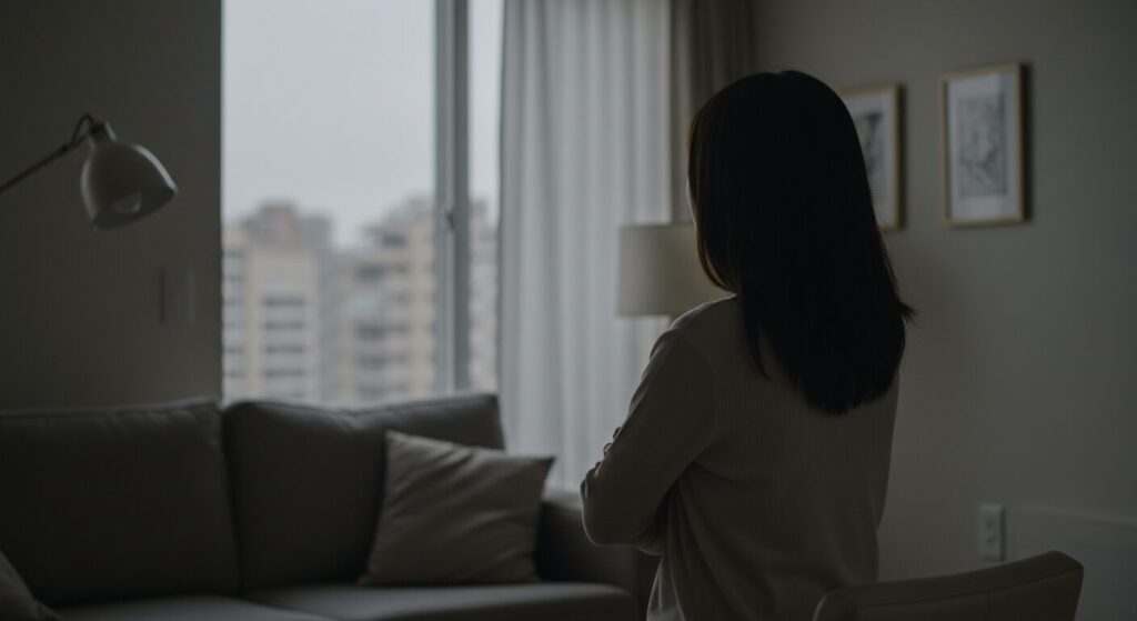 イライラしている女性、後ろ姿、昼、リビングルーム